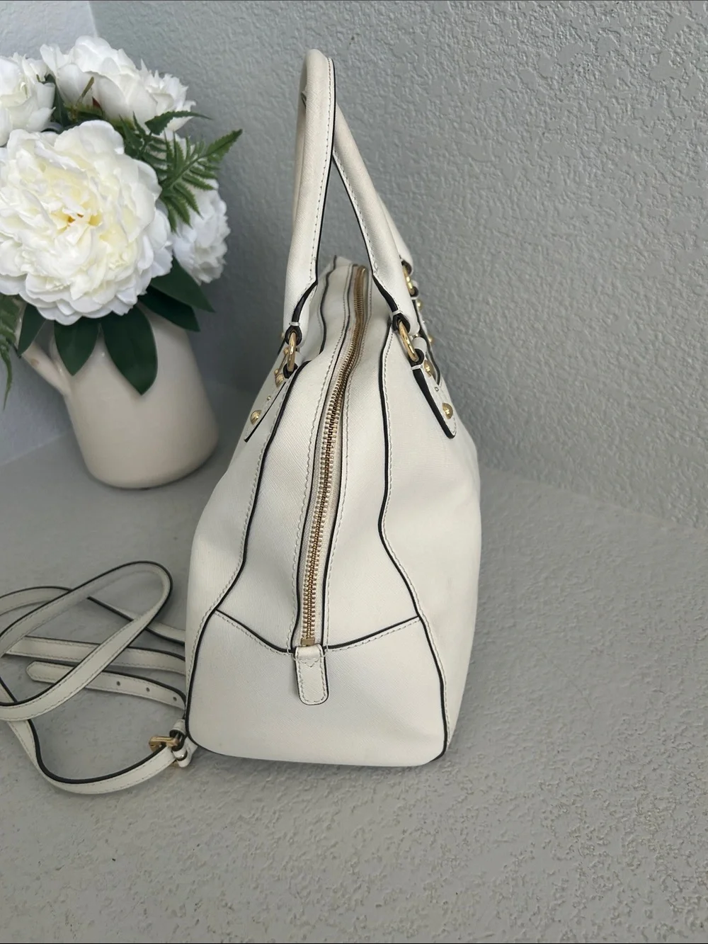 Michael Kors White Saffiano Dome Satchel with Gold Hardware